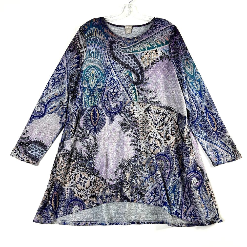 Chicos Cool Paisley Button Sleeve Tunic Purple 2 Large Swing Stretch Pockets